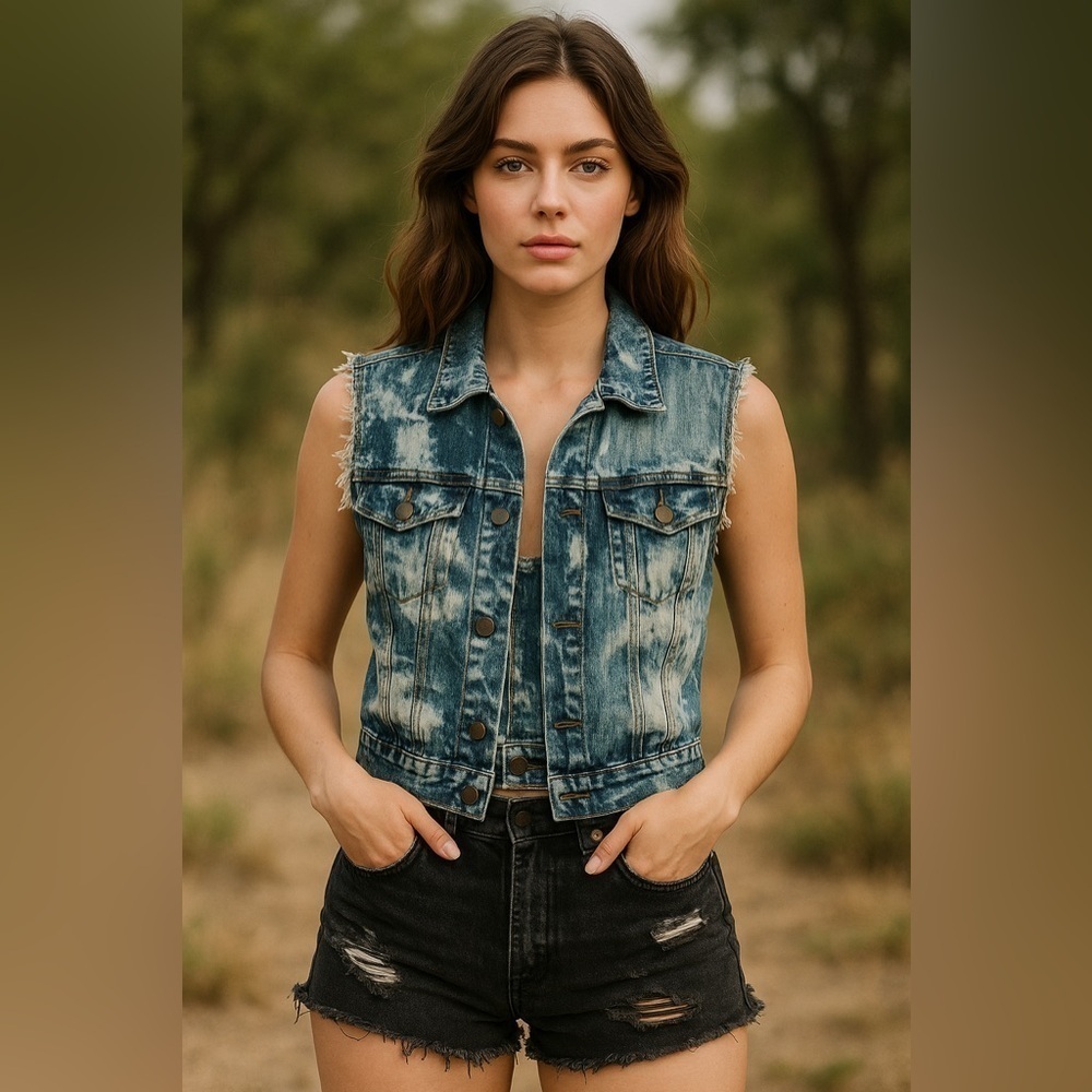 VINTAGE BILL BLASS Jeans Distressed Bleached Denim Vest